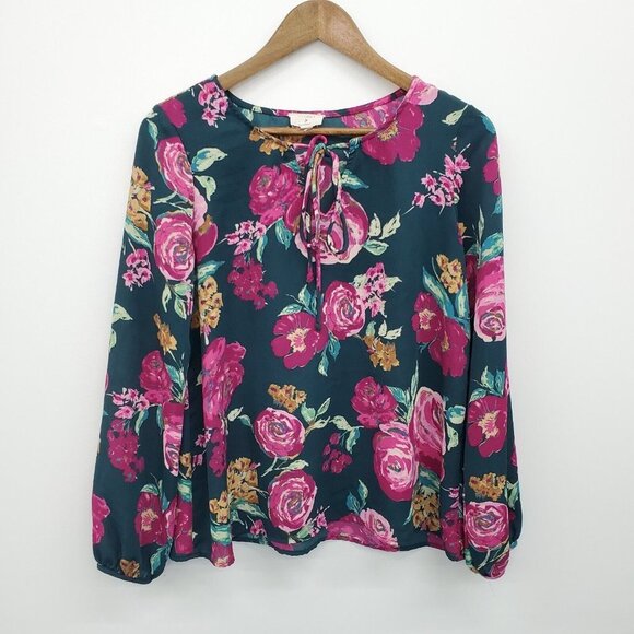 Everly Womens Multicolor Long Sleeve Floral Blouse Top Size M Keyhole Neck - Picture 3 of 15